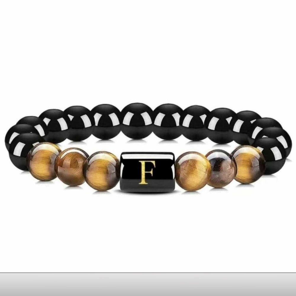 NWT initial “F” letter black agate and tiger eye stone beads‎ bracelet